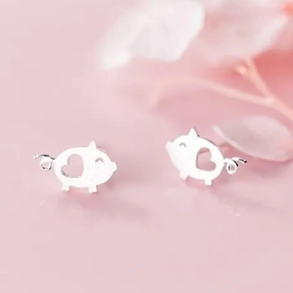 Teeny Tiny Precious Piglet Sterling Silver Lovable Heart Micro Stud Earr… - Picture 2 of 6
